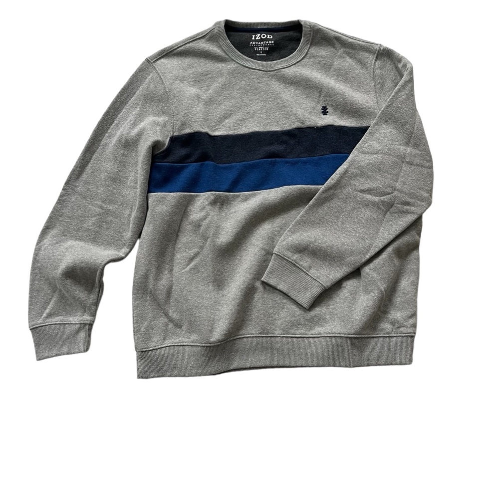 Izod Men’s Polo Dual Striped Gray Pullover Sweatshirt Sz L